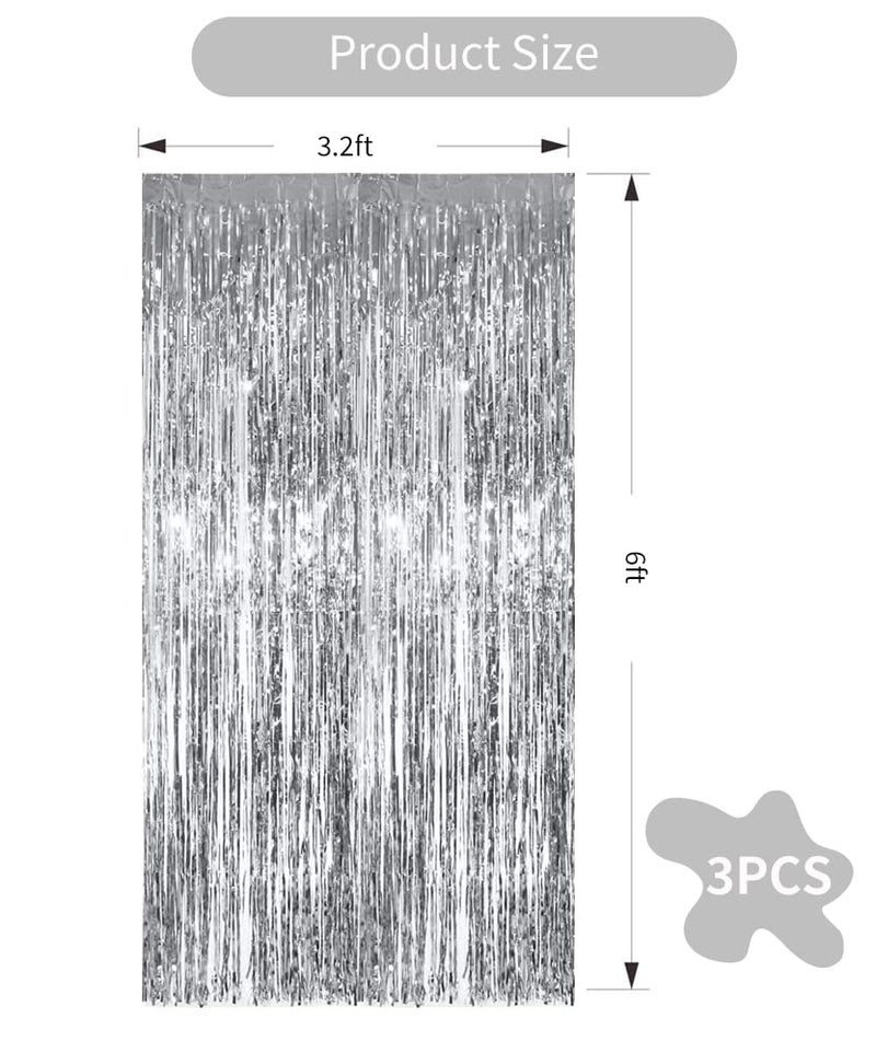 TONIFUL 3Pcs Silver Metallic Tinsel Foil Fringe Curtains,3.28ft x 6.56ft Silver Photo Booth Backdrop Streamer Curtain,Great for Bachelorette,Birthday,Christmas,New Year Party Decorations - Image 2
